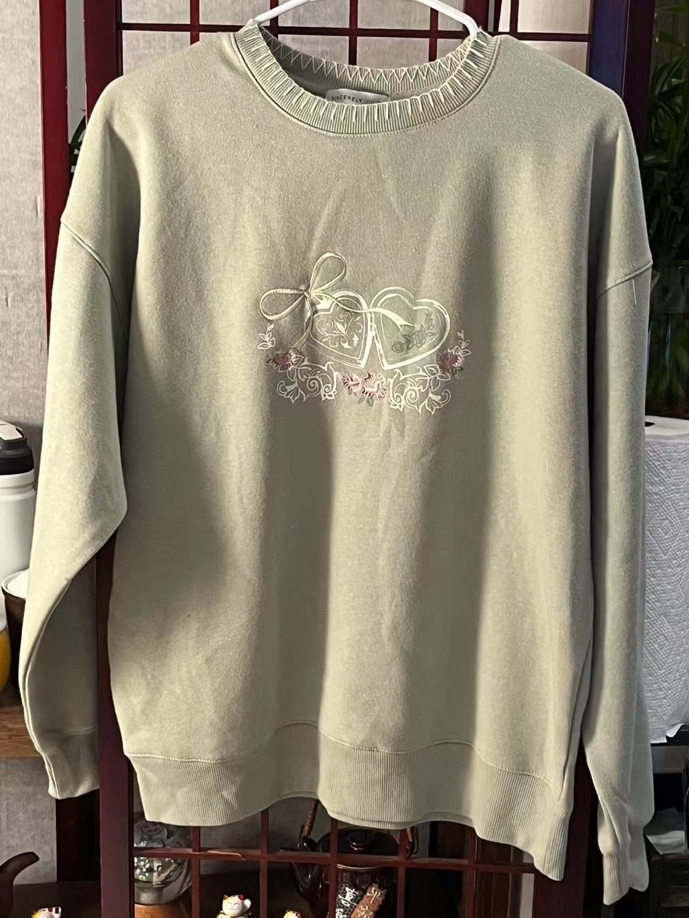 Sincerely Jules Sage Green Heart & Floral Embroidered Sweatshirt